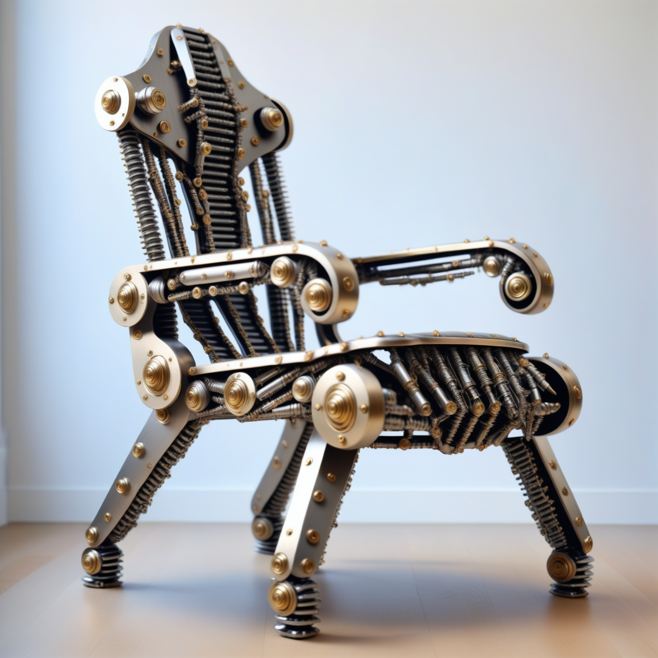 a chair made out of Jed-Screws, photorealistic, full of details, detailed screws,  <lora:SteelScrewsStyle-000006:0.7>