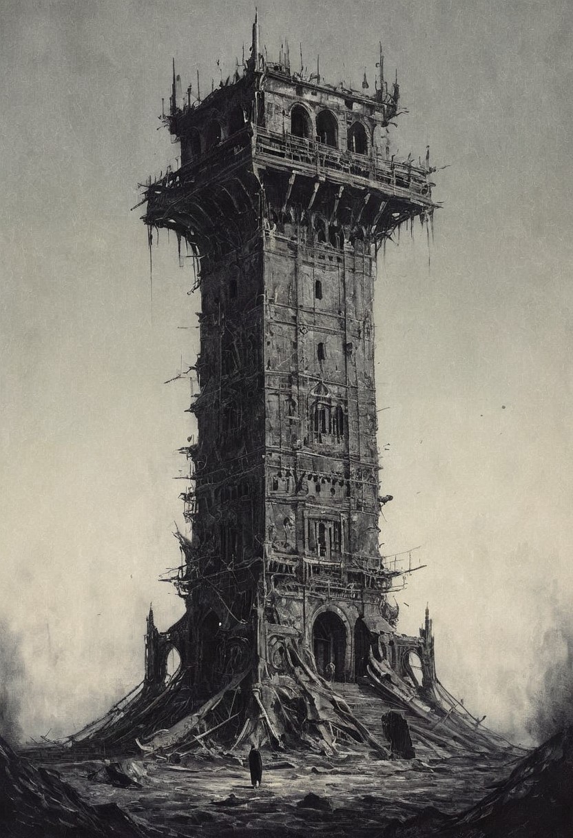 A white round tower with no windows or doors rises above a dead, lifeless wasteland and rests against an equally dead, grey sky. The tower was gigantic, occupying the entire focus of the painting. At its foot several human figures stood frozen, bowing in awe before the monstrous structure. Some were prostrate on the ground, others were kneeling, clasping their hands in a prayerful gesture. The figures were blurred, indistinct, like other details, as if emphasizing the grandeur of the tower and the insignificance of everything else. On a wide flat platform crowning the tower there was an amorphous, slug-like creature extending beyond the boundaries of the painting. CharcoalDarkStyle, detailxl