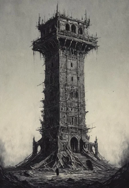 A white round tower with no windows or doors rises above a dead, lifeless wasteland and rests against an equally dead, grey sky. The tower was gigantic, occupying the entire focus of the painting. At its foot several human figures stood frozen, bowing in awe before the monstrous structure. Some were prostrate on the ground, others were kneeling, clasping their hands in a prayerful gesture. The figures were blurred, indistinct, like other details, as if emphasizing the grandeur of the tower and the insignificance of everything else. On a wide flat platform crowning the tower there was an amorphous, slug-like creature extending beyond the boundaries of the painting. CharcoalDarkStyle, detailxl