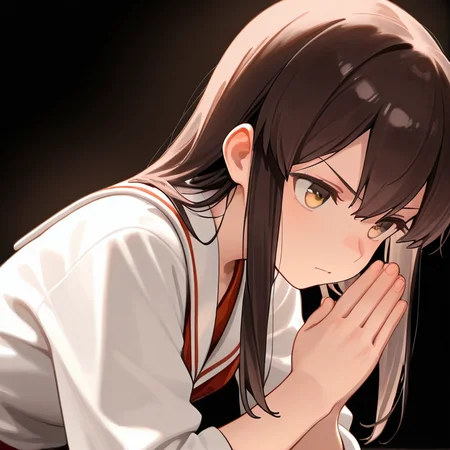 1girl,solo,upper body,<lora:IL_aisatsu_meme:1>,nin_sly,aisatsu,own hands together,leaning forward,
focused,elbows up,serious,
<lora:Unfazed - Illustrious character enhancer:0.5>,kantai_collection,akagi (kancolle),kantai collection,black background,simple background,, masterpiece,best quality,amazing quality,very aesthetic,absurdres,