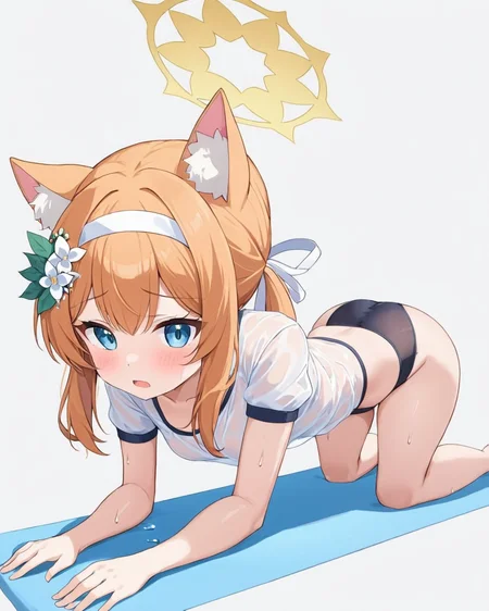 mari \(blue archive\), water_bottle, halo, holding_bottle, official_alternate_costume, 1girl, ass, gym_uniform, animal_ear_fluff, hair_flower, blush, white_shirt, looking_at_viewer, see-through, all_fours, white_hairband, short_sleeves, black_bra, white_background, multiple_views, wet_shirt, open_mouth, ponytail, sweat, spread_legs, small_breasts, ribbon, buruma, simple_background
<lora:mari_(blue_archive)_image2498_2023-11-28-000008:1>halo. gorgeous,key visual, vibrant, studio anime,award-winning, professional, highly detailed,high budget, cinemascope