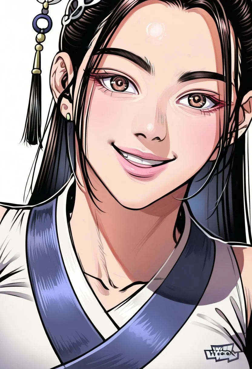 detailed face, detailed eyes, high resolution, intricate design, sharp edges, smooth, high detailed, god level, good proportions, detailed fingers, (masterpiece, best quality, ultra-detailed), (anime style, manhwa style:1.2)
...
(Tang hwaryeon, 1girl, brown eyes, long hair, black hair, hair ornament, martial arts clothes, huge thighs)
...
looking at viewer, standing, front view, close up, (mid-range shot, thighs up, from thighs up:1.2), selfie, smile, teeth, closed eyes
...
score_10, score_9, score_8, 1girl, solo, alone, cinematic, sketch
...
white background