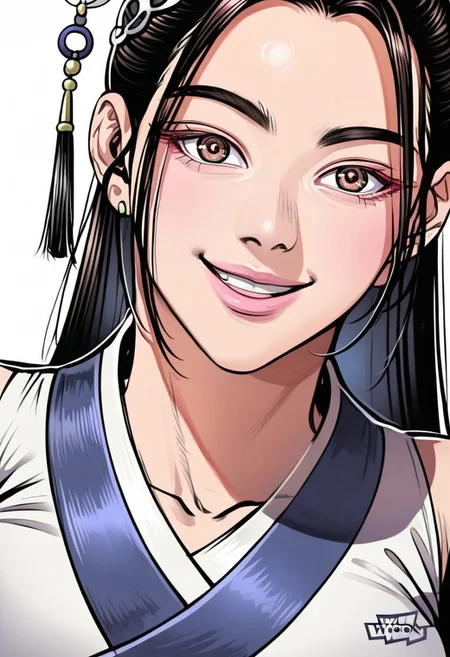 detailed face, detailed eyes, high resolution, intricate design, sharp edges, smooth, high detailed, god level, good proportions, detailed fingers, (masterpiece, best quality, ultra-detailed), (anime style, manhwa style:1.2)
...
(Tang hwaryeon, 1girl, brown eyes, long hair, black hair, hair ornament, martial arts clothes, huge thighs)
...
looking at viewer, standing, front view, close up, (mid-range shot, thighs up, from thighs up:1.2), selfie, smile, teeth, closed eyes
...
score_10, score_9, score_8, 1girl, solo, alone, cinematic, sketch 
...
white background
