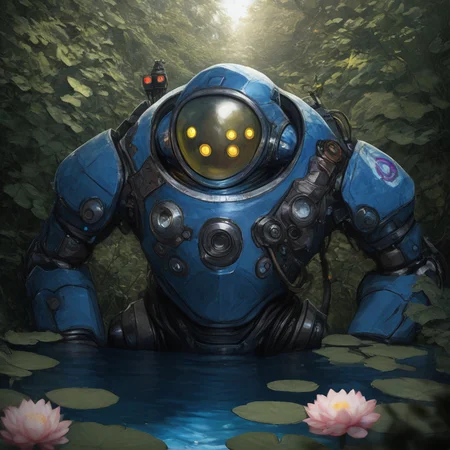 masterpiece, best quality, good quality, very awa, very aesthetic, daytime, brightly lit , (Perfect details), solo, sitting, flower, outdoors, water, no_humans, depth_of_field, looking_up, (tritachyon) <lora:Starsector_NOOB_vPred_v1.0:0.9> robot, scenery, nature, mecha, science_fiction, cable, radio_antenna, lily_pad, lotus, humanoid_robot, Robot Uprising, Apocalyptic Earth, Futuristic ,<lora:ponyv4_noob1_2_adamW:0.7>âââ