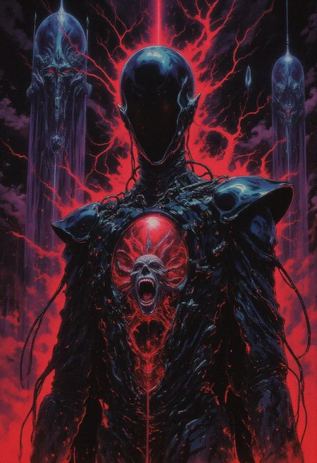 A haunting cyberpunk surrealist scene: a featureless humanoid figure, its face a smooth, blank void, stands amidst a fractured, metallic fractal wasteland. Wires and glowing cables erupt from its body, writhing like serpents, connecting to massive, biomechanical towers in the distance. The sky is a chaotic swirl of neon red and fiery violets, crackling with digital distortions and fractured light. The figure's body is partially transparent, revealing an intricate, cybernetic interior filled with pulsing lights and screaming faces trapped behind glass-like panels. A glowing neon aura surrounds the figure, flickering as if it’s glitching in and out of existence. The air is thick with high tension, filled with the hum of malfunctioning machinery and distant echoes of tormented endless cries. The composition is claustrophobic mesmerizing yet vast, merging the cold detachment of cyberpunk with the existential dread of surrealism, evoking a desperate, silent scream in a digital dystopia. best quality, masterpiece,detailed,asymmetrical compsition,Directional Lighting,
,intricate, highly detailed, high contrast
