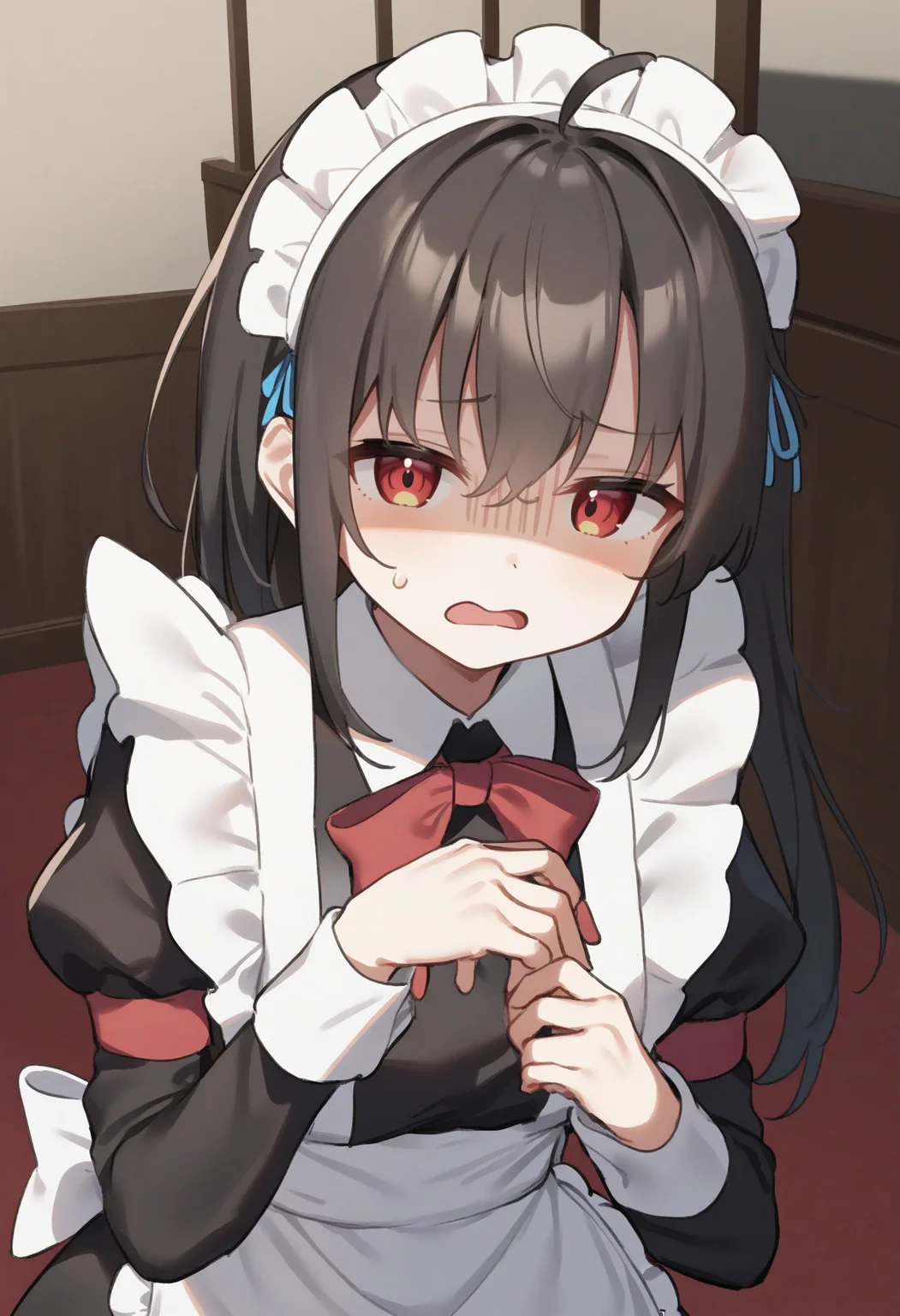 1girl,sincos, ningen mame, toosaka asagi,solo,medium breasts,20yo,maid,maid headdress,
donbiki,<lora:donbiki_XL_v1:0.7>
open mouth, sweatdrop, looking at viewer, shaded face, hand on own chest, turn pale, jitome, disgust, gloom (expression), d:, frown, empty eyes, no pupils,
from above, portrait, silver hair, red eyes, staircase, curly hair,,
best quality, very aesthetic, absurdres