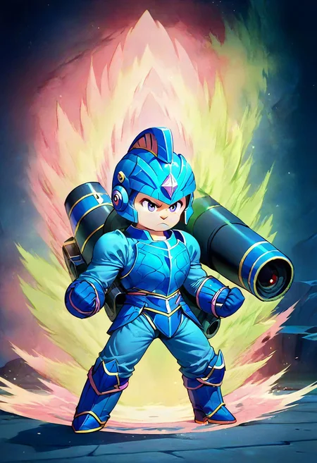 (1boy, solo, facing viewer, , score_9, score_8_up, score_7_up, chibi, Ki Charge, aura, fighting stance, white aura, red aura, blue aura, green aura, purple aura, pink aura, yellow aura, clenched hands, full body, (Megaman, Rockman, gloves, boots, helmet, blue armor, arm cannon:1.3):1.3), zPDXL3 ,SimplePositiveXLv2, masterpiece, best quality, high res, illustration, extremely detailed, 8k, wallpaper