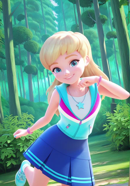handsfree, masterpiece, best quality, amazing quality, very aesthetic, 1girl, looking at viewer, smile, dynamic pose, outdoors, forest, dynamic angle, 3d, looking at viewer,
stephanie_illus, blue eyes, long hair, blonde hair, blue skirt, shirt, sleeveless hoodie, necklace, bracelet, socks, blue shoes, sneakers, 
 <lora:Stephanie_-_Lego_Friends__Girls_on_a_Mission_illustrious:1>