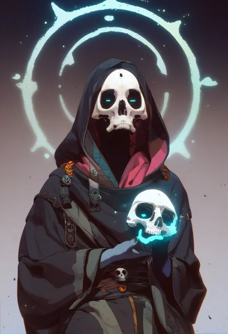 score_9, score_8_up, score_7_up, score_6_up, zy_moore, solo, looking at viewer, 1boy, upper body, male focus, hood, glowing, halo, hood up, skull, robe, magic, black robe, skull mask, hooded robe, holding skull, <lora:zy_moore_v1:1>