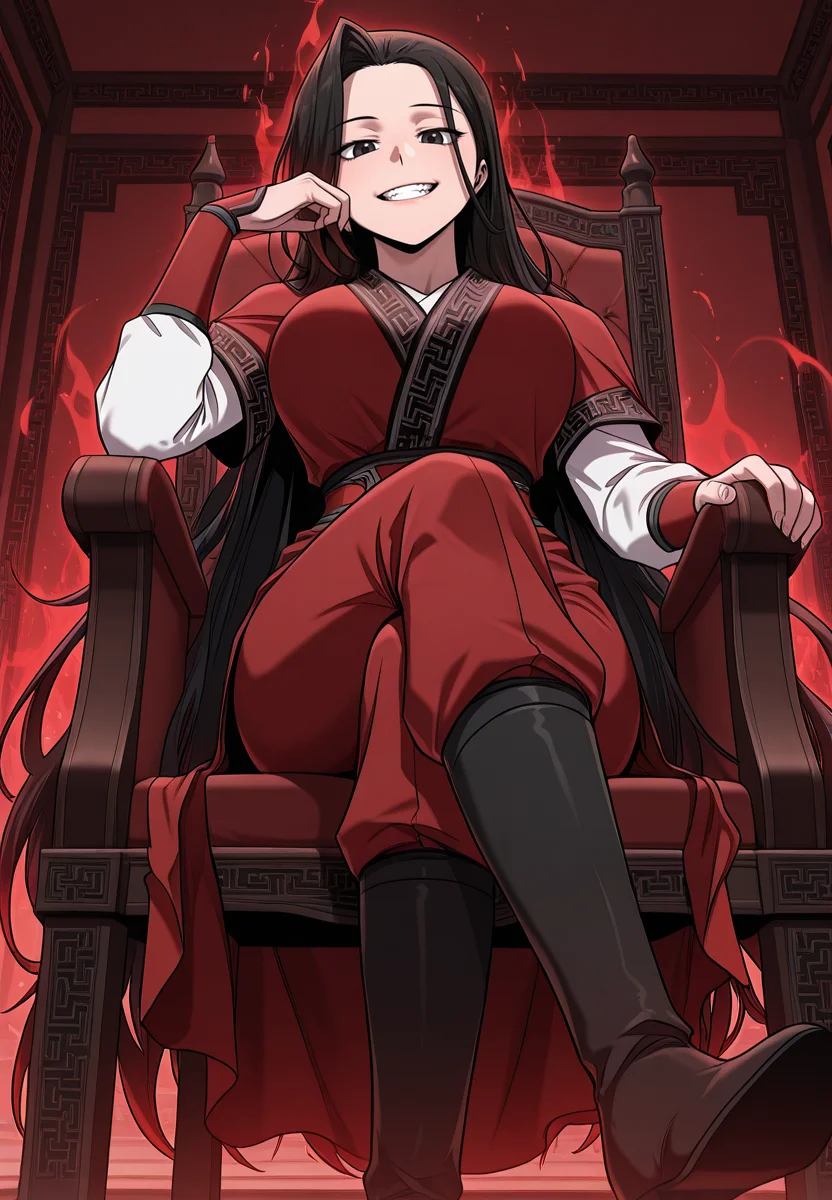 zPDXL3, score_9_up, score_8_up, score_7_up, ,Masterpiece,(perfect female body:1.2), small waist, (incredibly detailed:1.4), beautiful fingers, (large breasts:1.4) looking at viewer, huge breasts, boots, <lora:Gu_Huibi_-_Childhood_Friend_of_the_Zenith-Kaleid_Illustrious:1> guhuibi, 1girl, black hair, black eyes, very long hair, multicolored hair, chinese clothes, long sleeves, sitting on chair, crossed legs, smile, teeth, arrogance, looking down, from below, flame aura, red aura