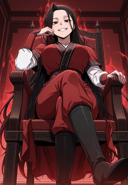 zPDXL3, score_9_up, score_8_up, score_7_up, ,Masterpiece,(perfect female body:1.2), small waist, (incredibly detailed:1.4), beautiful fingers, (large breasts:1.4) looking at viewer, huge breasts, boots, <lora:Gu_Huibi_-_Childhood_Friend_of_the_Zenith-Kaleid_Illustrious:1> guhuibi, 1girl, black hair, black eyes, very long hair, multicolored hair, chinese clothes, long sleeves, sitting on chair, crossed legs, smile, teeth, arrogance, looking down, from below, flame aura, red aura