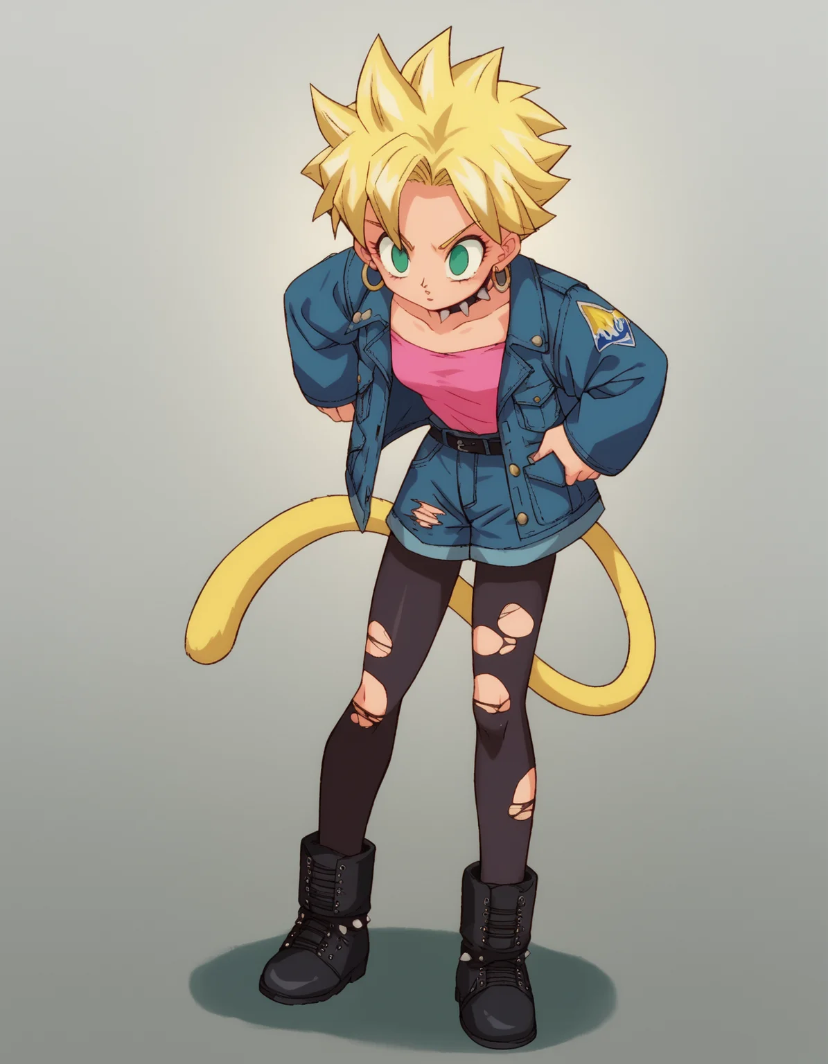 zPDXL, score_9, score_8_up, score_7_up, source_anime,
1girl, solo, <lora:SailorMoon:1> slrmn, <lora:Parsleah_v1:0.8> parsleahssj, blonde hair, spiked hair, super saiyan, green eyes, no pupils, (monkey tail, yellow tail), small breasts,, heart eyes, a-pose, punk wearing a oversized denim jacket with graffiti art motifs,ripped mesh leggings,combat boots covered in patches, pastel peach undercut, plethora of silver hoop earrings adorning her ears,labret piercing, mascara,spiked choker,choker featuring dangling chains,