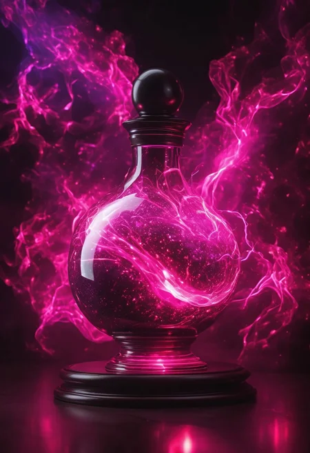 Score_9, Score_8_up, Score_7_up, Score_6_up, Score_5_up, Score_4_up, high_def, highest quality, 4k, best quality, masterpiece, focused, defined, (Photorealistic magic potion:1.3), intricate glass bottle, elixir, neon pink color, green color, bubbling, ethereal light, flashy lights, magic lights, luminous, dynamic reflections, magical aura, highly detailed, fantasy essence, glowing particles, radiant aura, A3THER