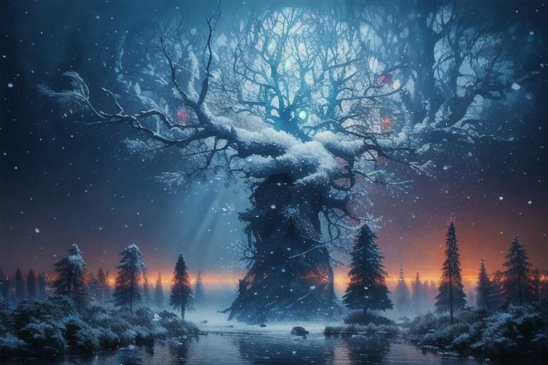 Two small robin birds on a snowy branch of a tree, one with a woolen hat and the other with a scarf illuminated by a lantern hanging from a branch, it is getting dark and snowing, in the background the last lights of the day and snowy trees blurred by the fog and falling snow, 3D style, Disney, Pixar, 4K, the little birds in focus, detailed drawing something that does not even exist, mythical being, energy, molecular, textures, impressive beauty, pure perfection, divine presence, unforgettable beauty, impressive , impressive, volumetric light, auras, rays, vivid reflected colors, you can see snowflakes falling, studio lighting, very detailed