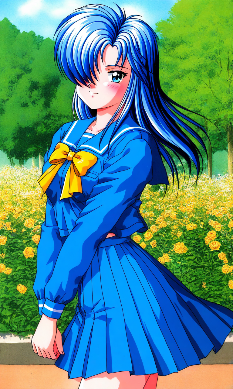 general,highres, ultra-detailed,very aesthetic,best quality ,best hands, BREAK  <lora:Himoo_Yuina_Tokimeki_Memorial_IS:1>
Himoo_Yuina(Tokimeki_Memorial), 1girl, solo, blue hair, hair over one eye, blue eyes, long hair, breasts, blush, smile,
school uniform, blue serafuku, 1990s (style), skirt, smile,  long sleeves, Yellow bow,
tree, flower, blue skirt, looking at viewer, pleated skirt, sailor collar,