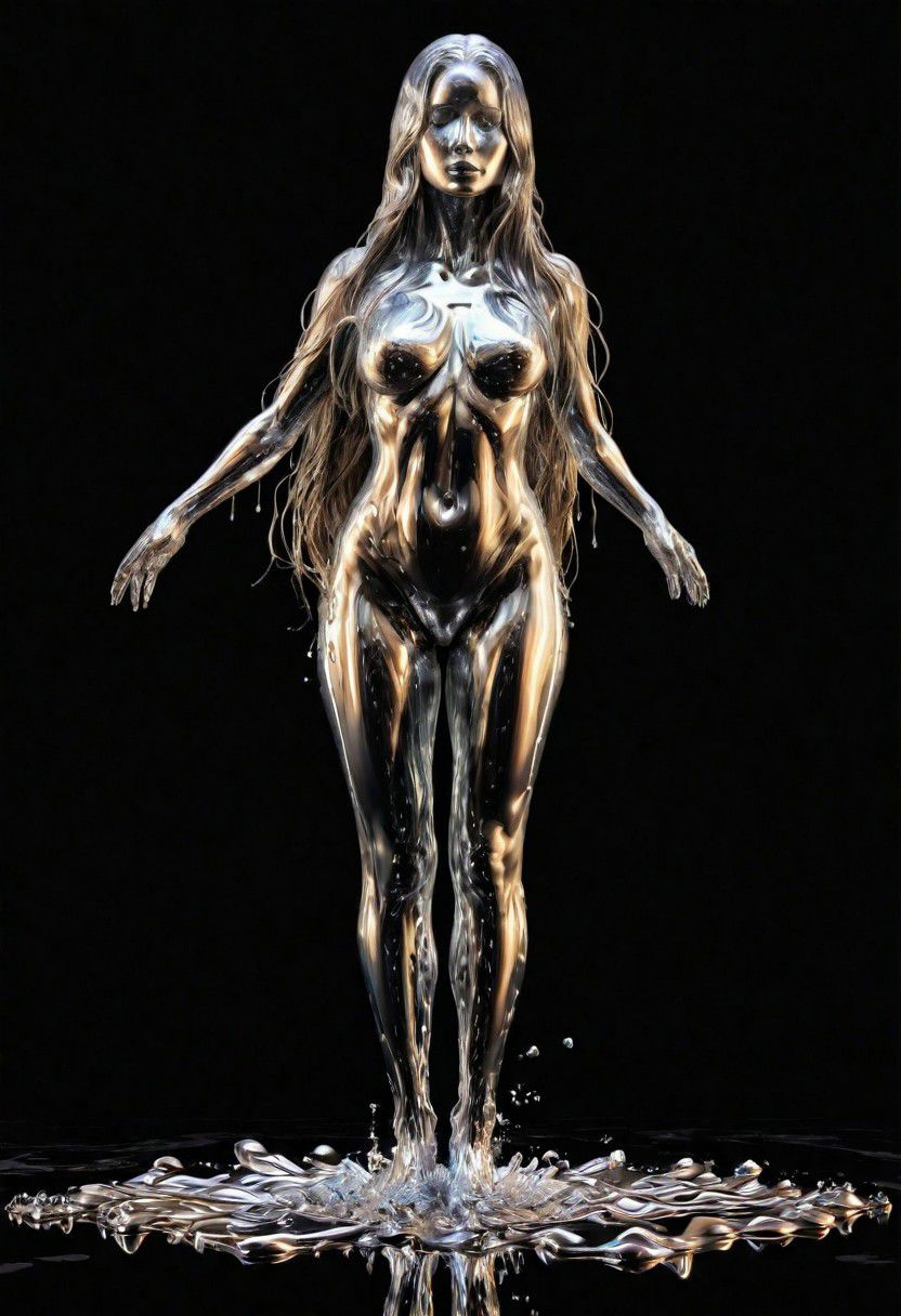 (masterpiece,best quality,ultra-detailed,best illustration:1.3), 1woman, melting, smooth shiny full length metal body, reflection mirror finish, shiny, smooth liquid metal long hair, simple black background