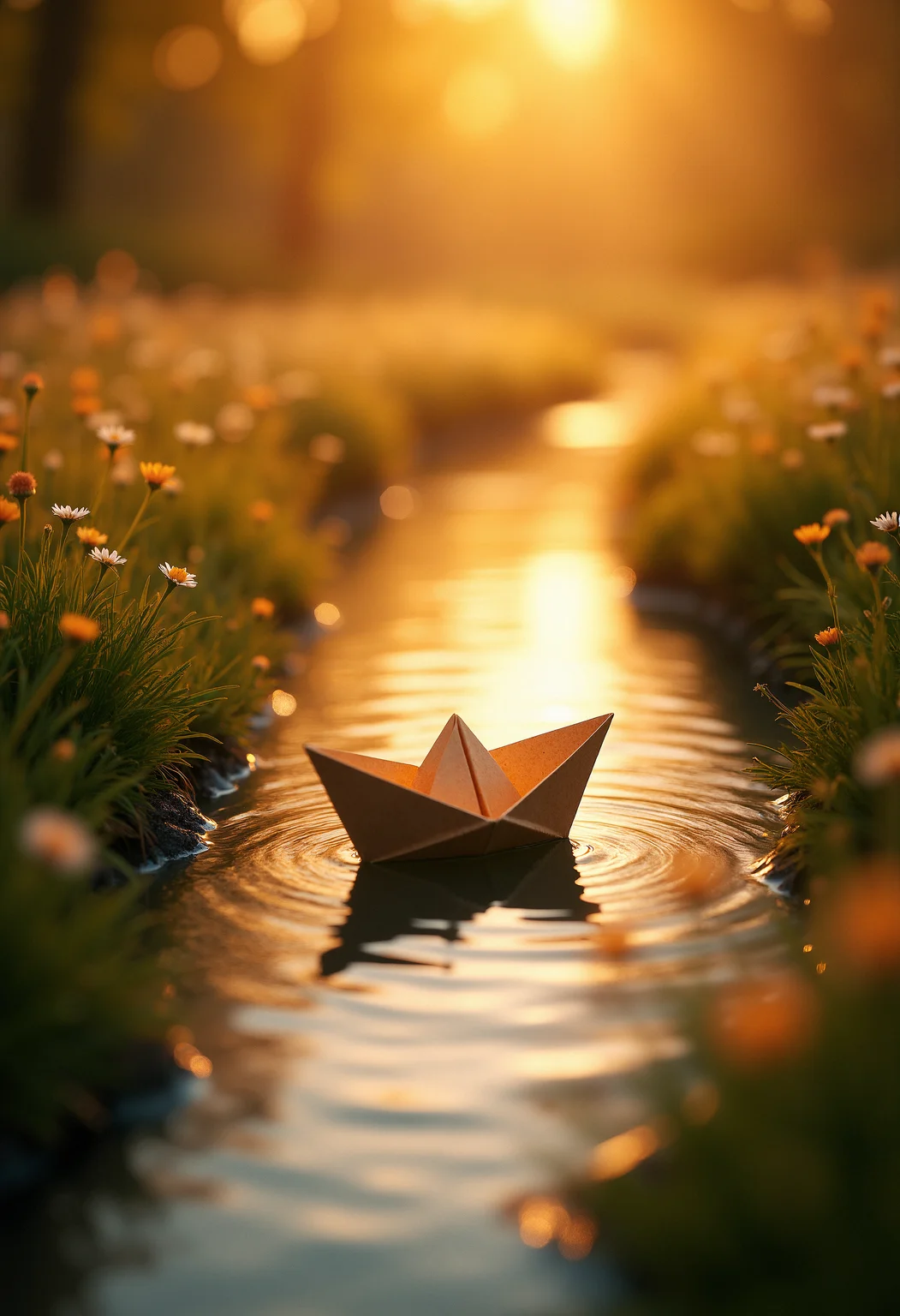 A small paper boat floating gently down a narrow, winding stream. The water is clear, reflecting the warm, golden hues of a sunset. The stream is surrounded by soft, glowing grass and delicate wildflowers, with rays of sunlight filtering through the trees above. The entire scene is bathed in a warm, golden light, creating a peaceful, nostalgic atmosphere. Tiny ripples in the water add a sense of motion, and the overall mood is calm and serene, evoking a sense of simple beauty and tranquility. <lora:FluxDFaeTasticDetails:0.8> <lora:aidmaImageUpgrader-FLUX-V0.1:0.33> detailmaximizer, <lora:Sinfully_Stylish_.02_for_FLUX-000002:0.4>