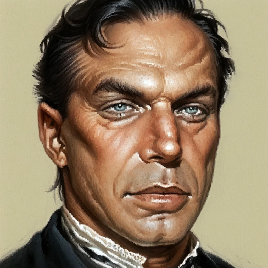 score_8, score_8_up, score_7_up, arcanum_portrait, portrait, traditional media, solo, simple background, 1boy, solo, male focus, DE007, black hair, asymmetrical hair, mature male, aqua eyes, adult, painting (medium), khaki background