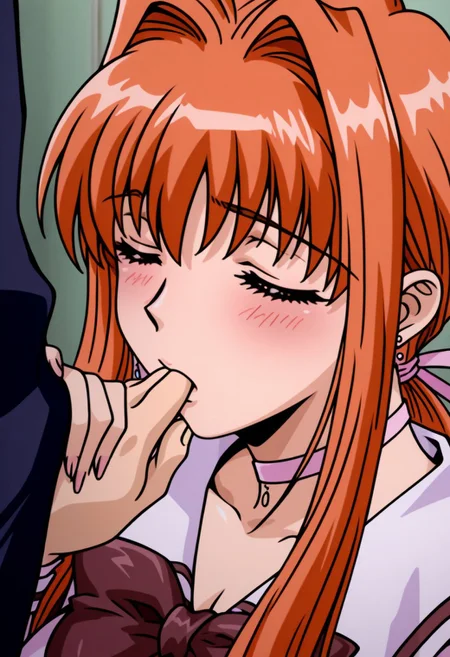 masterpiece, best quality, newest, highres, uncensored, 1girl, yokota mamoru style,1girl,
Takeuchi_Himeka OVA2, 1girl, very long hair,Waist Length hair, huge breasts, orange hair, low ponytail, Amber eyes,brown eyes, slim face,Slim,slender face,hair ribbon, choker
solo, earrings,1girl,, closed eyes, solo focus, blush, school uniform, bow,girl sucking man's finger