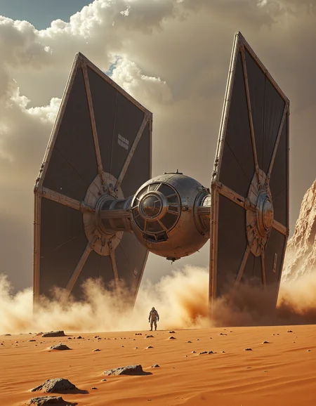 An astronaut in a white spacesuit walking through a vast desert landscape toward the wreckage of a massive spacecraft. The spacecraft resembles a TIE fighter from the Star Wars universe, partially buried in the sand with its large solar panel-like wings towering over the scene. The sky above is a mix of clouds and sunlight, casting dramatic shadows on the sand dunes, creating a sense of desolation and adventure, aidmaMJ6.1, <lora:aidmaMJ6.1v0.4:0.6>, <lora:Dark Cinematic:0.7>, <lora:flux.1_lora_flyway_Epic-detail_v2:0.8>