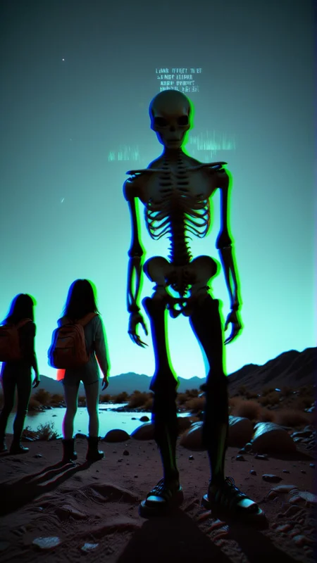 A group of alien tourists crash-lands on Earth and embarks on a quest to find the perfect souvenir to remember their trip. 
(dark shot:1.2)
(optical effect, glitch art, glowing, layered effects:1.2)
 <lora:xray:2>