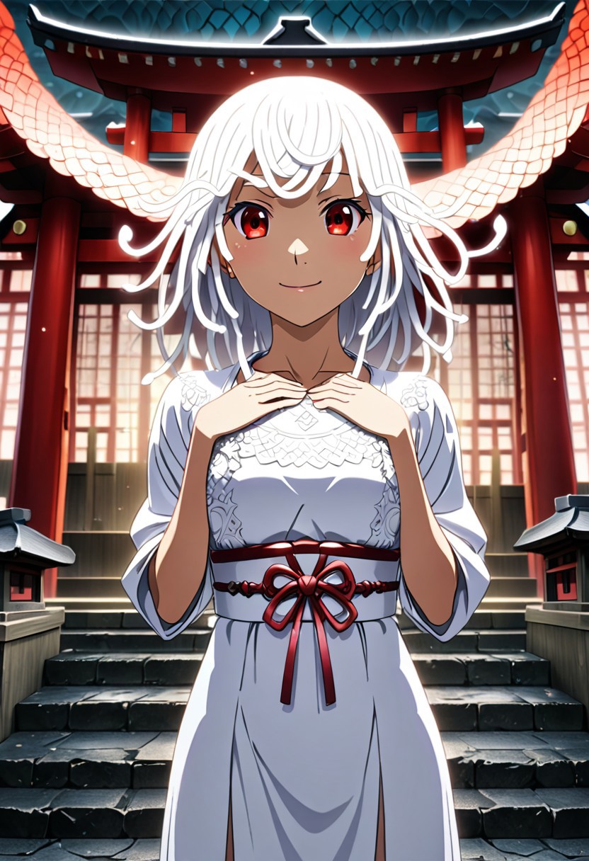 source anime, anime style, official art, "Sengoku Nadeko wrapped by a pale white snake around her, glowing under soft, eerie lighting, surrounded by detailed scales, mixed with a surreal and unsettling atmosphere, photorealistic textures." white_hair, red_eyes, medium_hair, snake_hair,  WHITE DRESS, looking at viewer, beautiful smile, japanese shrine, <lora:SDXLFaeTastic2400:0.4> <lora:extremely_detailed:0.4> extremely detailed, <lora:sn4ke:1>,sn4ke, Masterpiece,best quality,hi res,8k,hi res,8k,award winning,(sharp focus, intricate, highly detailed), rating:safe