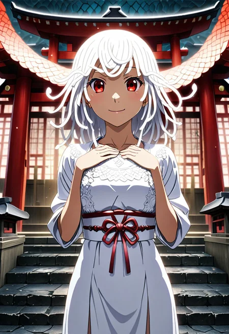 source anime, anime style, official art, "Sengoku Nadeko wrapped by a pale white snake around her, glowing under soft, eerie lighting, surrounded by detailed scales, mixed with a surreal and unsettling atmosphere, photorealistic textures." white_hair, red_eyes, medium_hair, snake_hair, WHITE DRESS, looking at viewer, beautiful smile, japanese shrine, <lora:SDXLFaeTastic2400:0.4> <lora:extremely_detailed:0.4> extremely detailed, <lora:sn4ke:1>,sn4ke, Masterpiece,best quality,hi res,8k,hi res,8k,award winning,(sharp focus, intricate, highly detailed), rating:safe