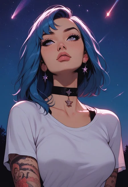 Score_9, Score8_up, Score_7_up, (((High Resolution, Best Quality))), 
1girl, solo, Covered in Tattoos, her hand on her head, brushing hair behind ear, 
Graphic tshirt, tight t shirt, large natrual breasts, cutoff, choker, looking up at sky, 
On a Cliff overlooking a beach, night, night sky, at night, stars, shooting star,