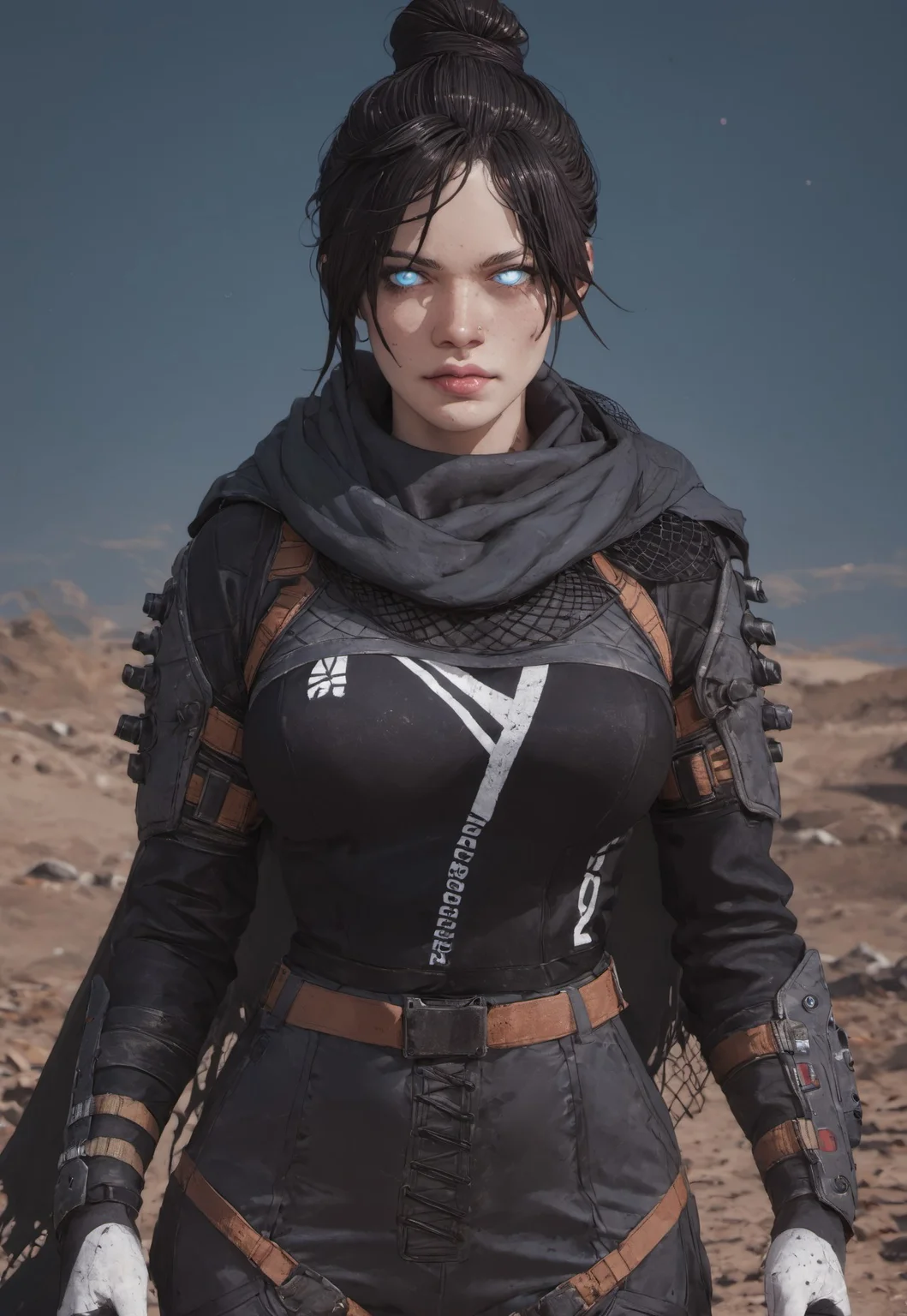 ((zPDXL3)), (SuperQuality:1.0) ~ (SuperQuality:1.2), score_9, score_8_up, score_8, Science Fiction, Star Wars, perfecteyes, ultra detailed, high resolution, high quality, masterpiece, intricate details, intricate body, intricate landscape, knva, Expressiveh, European Instagram Model, low light, muddy wasteland, No Man's Land, trenches,
BREAK
1girl, solo, source_cartoon, mature female, wraith, black hair, single hair bun, blue eyes, lips, blue eyes, glowing eyes, no pupils, scarf, nose piercing, white gloves, black shirt, long sleeves, or white gloves, black bodysuit, black pants, leg straps, nose ring, black attire, beautiful, full lips, looking at viewer, (closed mouth),