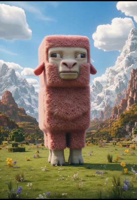 portrait of a man is a fun square block full of wool in the middle of the frame in landscape Minecraft 