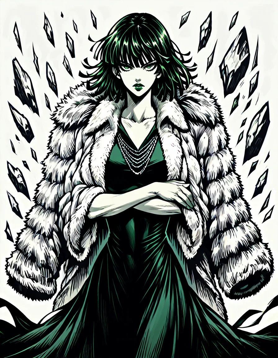 score_9, score_8_up, score_7_up, <lora:Clean Sketch (J) style:1> monochrome, solo, <lora:EPopmFubukiPony-04:1> epopmfubuki, arms crossed, dress, fur coat, green eyes, looking at viewer, green lips,