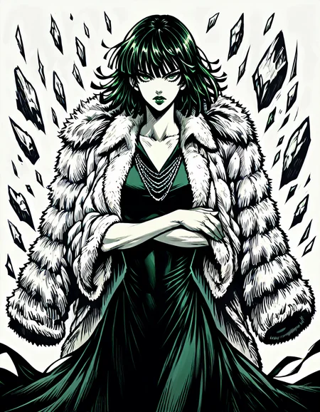 score_9, score_8_up, score_7_up, <lora:Clean Sketch (J) style:1> monochrome, solo, <lora:EPopmFubukiPony-04:1> epopmfubuki, arms crossed, dress, fur coat, green eyes, looking at viewer, green lips,