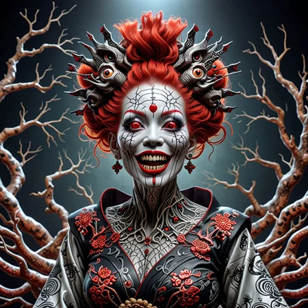 surreal perspective of full body shot of surrealist art professional 3d model breathtaking helios,  undead old geisha woman 90yo ,red mohawk hair,mouth teeth ,roots on the face,  psych<lora:helios:0.7>   style dark . award-winning, professional, highly detailed . octane render, highly detailed, volumetric, dramatic lighting . dreamlike, mysterious, provocative, symbolic, intricate, detailed. Whole outfit, clear, sharp, balanced. Fisheye lens, f/2.8, abstract interpretation, vibrant colors