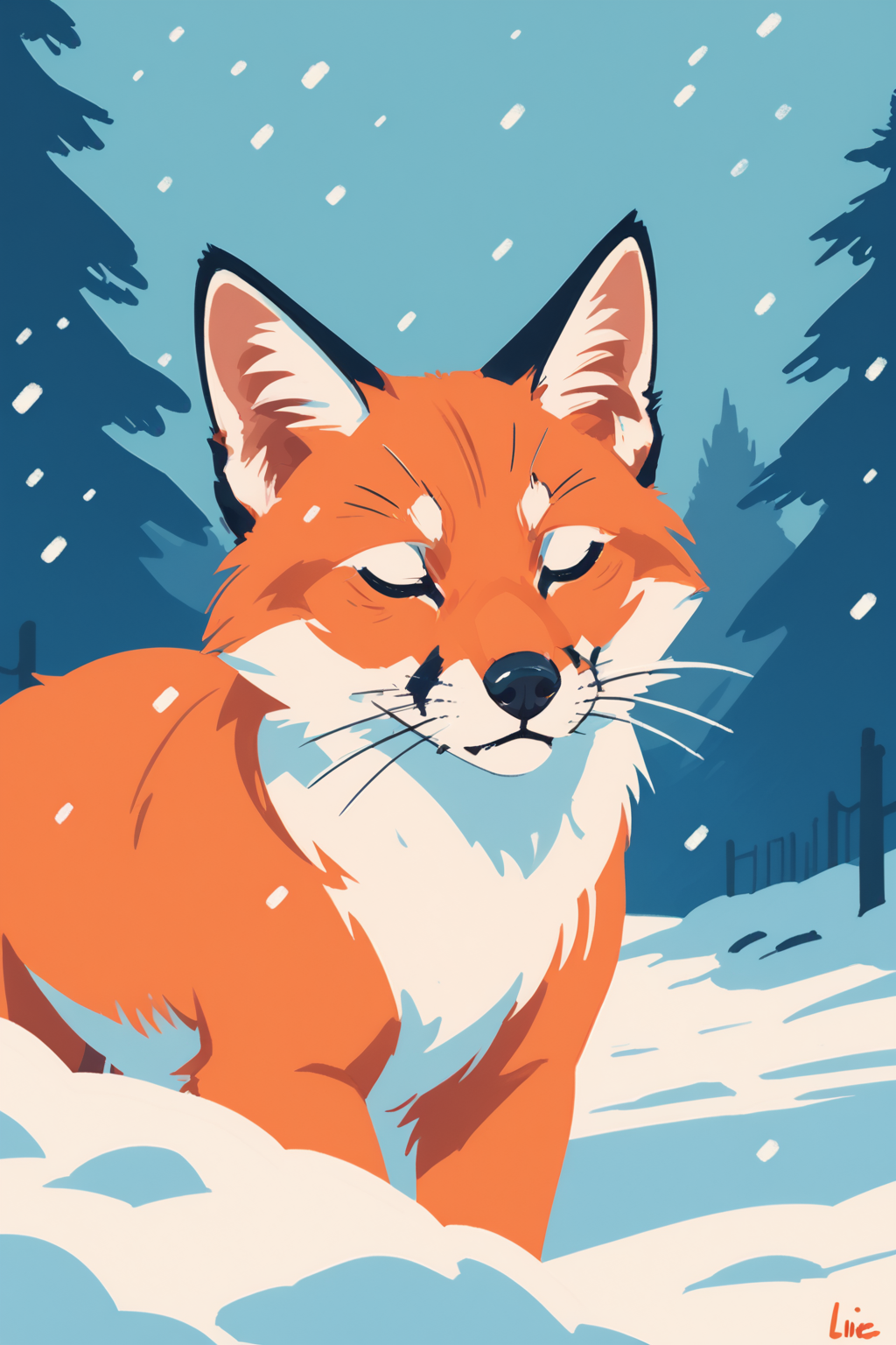 no humans, snow, closed eyes, animal focus, fox, orange fur, animal, signature, , snowing, cat, winter, whiskers, solo, zPDXL3,  PnyCmicXLPOS, detailxl,  (lineless, vector art:1.5)