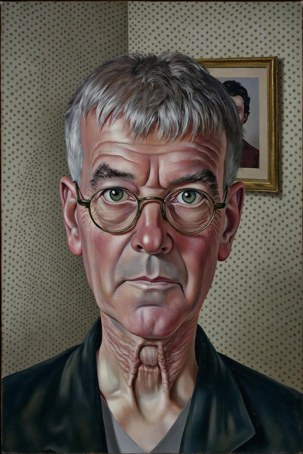 sspencer1 painting.
A painting of an elderly man inside a room with polka dot wallpaper. He has short, thinning, graying hair with a fringe that falls over his forehead. He is wearing round, wire-rimmed glasses. There is a picture frame hanging on the wall behind him.
 <lora:sspencer1_cap_d6a3:1.0><lora:832101032860407625:0>