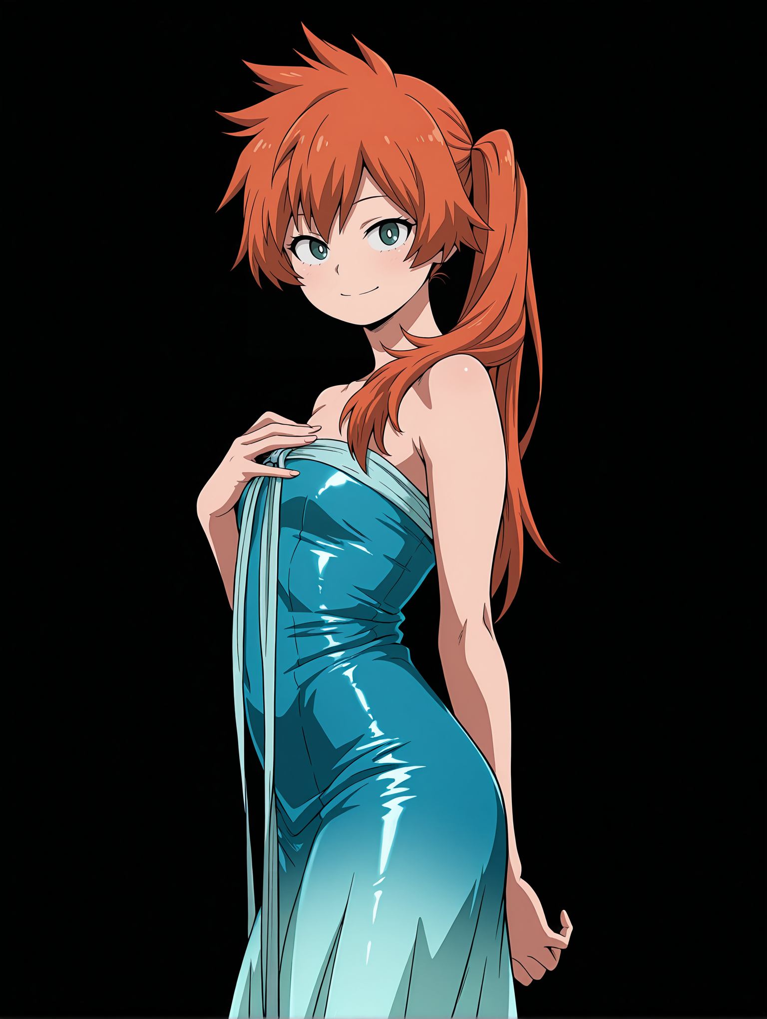 <lora:Kendo Illu:1>
1girl, solo,
kend0, long hair, orange hair, side ponytail, green eyes, 
kendocont3st, aqua dress, shiny dress, long dress, gradient dress, strapless dress, chest ribbon, long ribbon, 
cowboy shot, smile, looking at viewer, posing, from side,, masterpiece, best quality, amazing quality,, simple background, black background