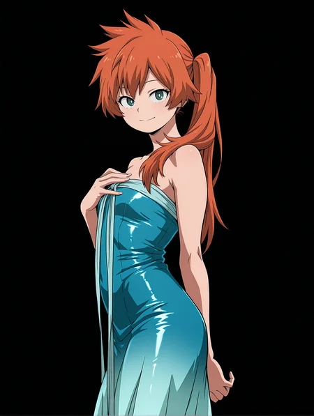 <lora:Kendo Illu:1>
1girl, solo,
kend0, long hair, orange hair, side ponytail, green eyes,
kendocont3st, aqua dress, shiny dress, long dress, gradient dress, strapless dress, chest ribbon, long ribbon,
cowboy shot, smile, looking at viewer, posing, from side,, masterpiece, best quality, amazing quality,, simple background, black background