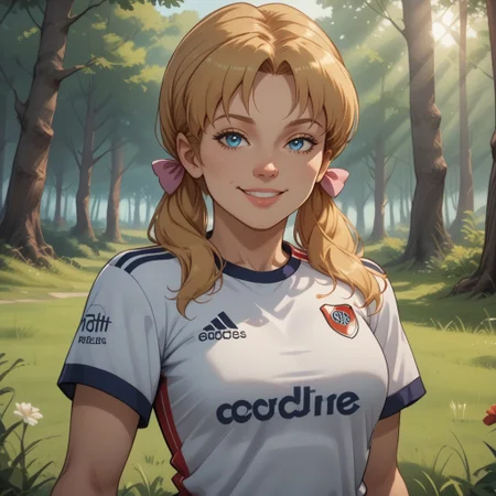 score_9, score_8, BREAK, solo, Kim Cherrywood, 1girl, blue eyes, blonde pigtails, RiverPlate, striped shirt, striped, shirt, white shirt, short sleeves, clothes writing, sportswear, soccer uniform, pink bows, adult female, mature female, breasts, sexy pose, self portrait, smile, outdoors, sunlight, shadows, evening lighting, natural lighting, forest, trees, grass, orange sky, sunset