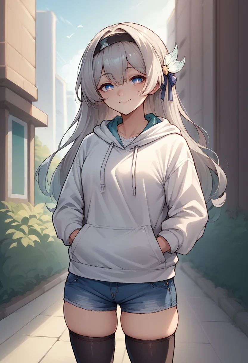 score_9, score_8_up, source_anime, 1girl, solo, FireflyHSR, blue pupils, long hair, black hairband, hair ornament, white hoodie, denim shorts, black thighhighs, skindentation, hands in pockets, outdoors, smile, smug, <lora:ChamFireflyV2PonyXL:1>