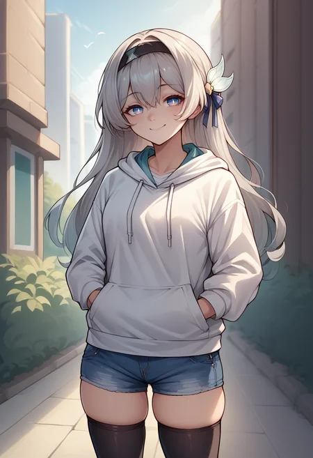 score_9, score_8_up, source_anime, 1girl, solo, FireflyHSR, blue pupils, long hair, black hairband, hair ornament, white hoodie, denim shorts, black thighhighs, skindentation, hands in pockets, outdoors, smile, smug, <lora:ChamFireflyV2PonyXL:1>