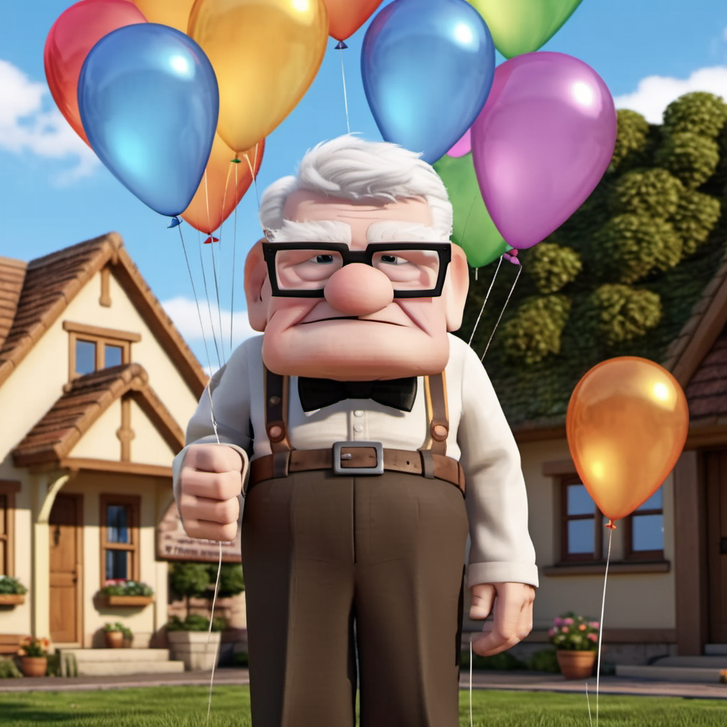 CarlFredricksen1024, an old man holding balloons, full body, outdoor, detailed eyes, highly detailed , photography, ultra sharp, film, bokeh, professional, 4k  <lora:add-detail-xl:1.5>  <lora:CarlFredricksen1024-000360:0.8>