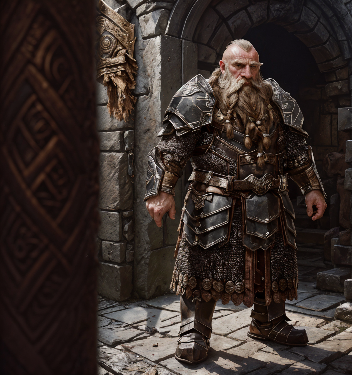 RAW photo, (masterpiece:1.3), subsurface scattering, heavy shadow, (high quality:1.4), (intricate, high detail:1.2), professional photography, HDR, High Dynamic Range, realistic, ultra realistic, photorealistic, high resolution, film photography, ambient lighting, atmospheric effects, <lora:detail_slider_v4:2>, OverallDetail, 1boy, armor, beard, boots, braid, brown footwear, chainmail, clenched hand, dwarfwarrior, facial hair, gauntlets, holding, indoors, male focus, old man, solo, standing, weapon, in a smithy, epiCPhoto, <lora:DwarfWarrior:1>