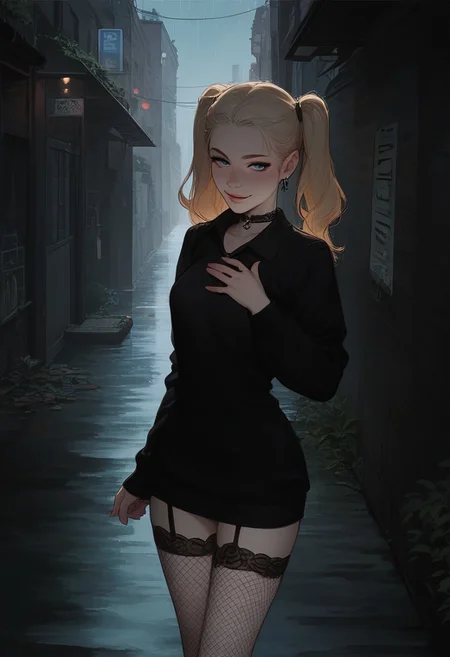 score_9,score_8_up,score_8,score_9,(((pastel colors, high contrast,expressiveh,solo,)))((standing,posing, blue eyes,blonde hair,straight hair, twintails,pale skin,choker,cute,black sweater vest,garter straps, fishnets, naughty face,)) (1girl,small breasts ,detailed eyes)epiCPhoto,perfecteyes,alleyway,rain,