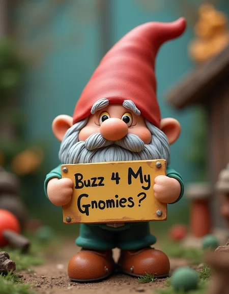claymation, a short gnome, holding a sign: "Buzz 4 My Gnomies?"