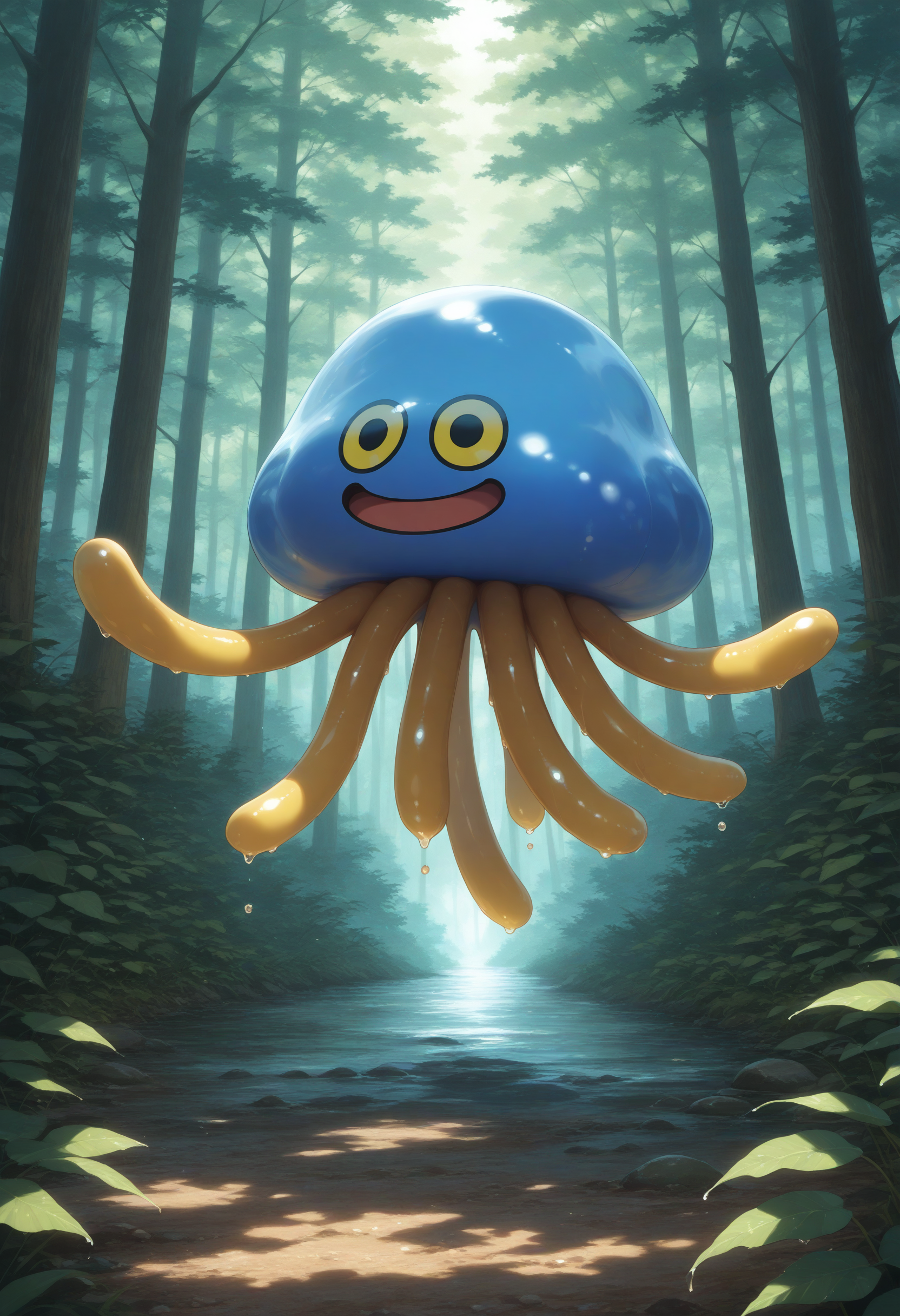 masterpiece,extreme detailed,outdoors,forest BREAK full body,
BREAK hoimin1,1other,no humans,yellow tentacles,slime (creature),:d,blue_skin,<lora:hoimin_(dq)-NAI:1>,floating,