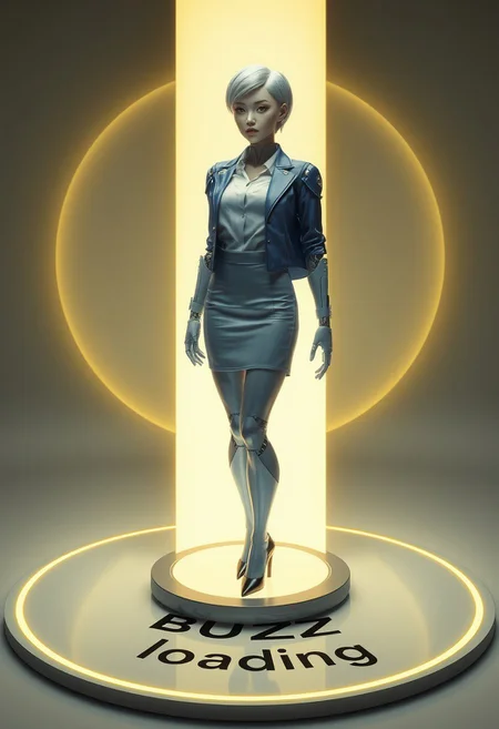 A photo of a highly detailed and highly realistic humanoid robot.
She is standing on a charging pad, she is surrounded by a round column of mild yellow light.
On the floor of the pad the text "BUZZ loading" is projected in a circle around he column of light.
She has mostly human like features. The fact that she is a robot is only indicated by some artificial lights under her skin. 
She is wearing a tight fitting short professional looking skirt and a white blouse under a blue jacket and black high heels.
She has a short but feminine haircut.