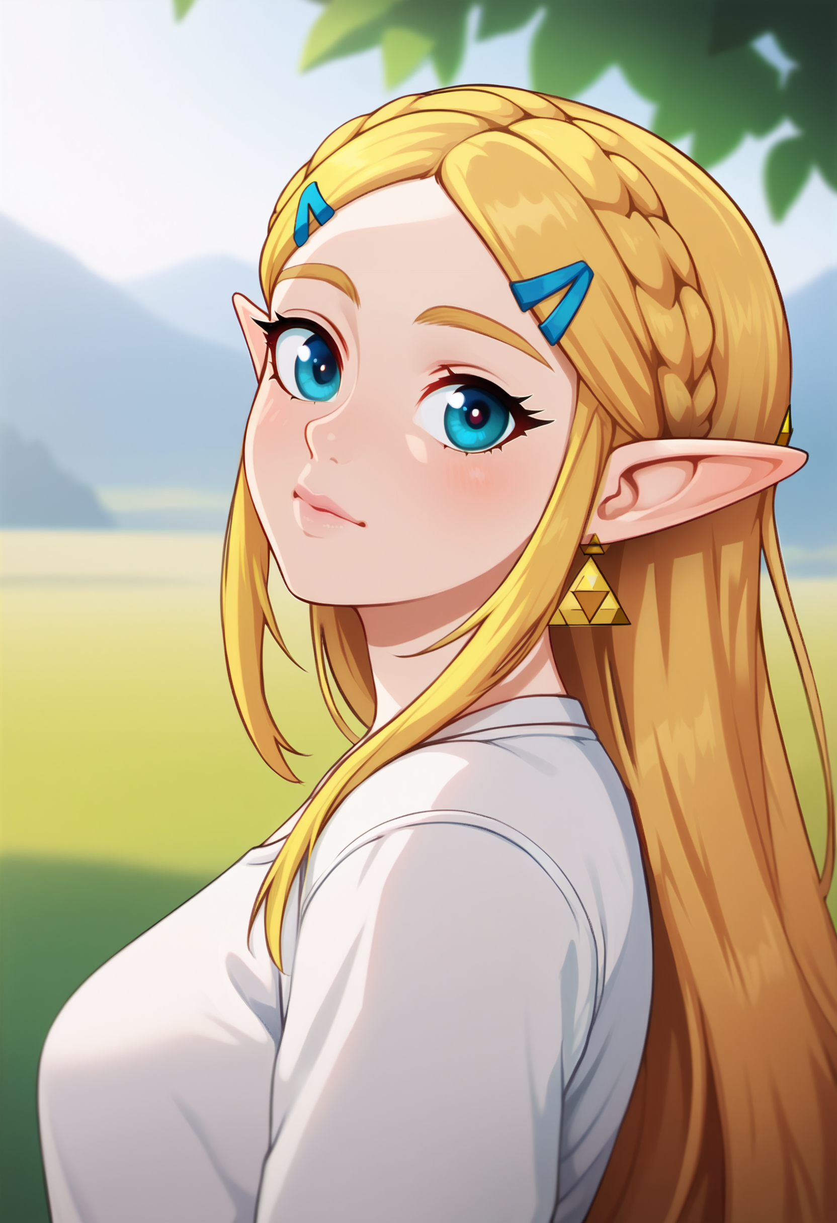 score_9, score_7_up <lora:neocoill-guy-PONY-DORAv1:1>, 1girl, solo, (princess zelda):0.8, depth of field, white shirt, portrait, looking at viewer