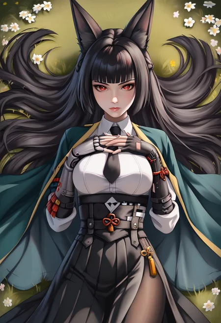hoshimi, red eyes, black hair, very long hair, blunt bangs, braid, fox ears
green cape, jacket on shoulders, fingerless gloves, left mechanical arm, gauntlets, white shirt, long sleeves, black necktie, black skirt, high-waist skirt, pantyhose, long skirt, pleated skirt, side slit
look up, 
solo, lying, grass and flowers, hair spread out on the ground, hands on chest, hands together
view from above, close view
Detailed background, detailed, DNDFG, Detailed drawing, Fixhand