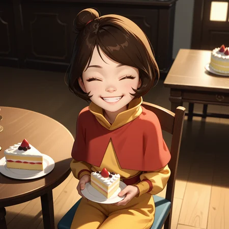 score_9, score_8_up, score_7_up, score_6_up, inside, dining room, large table, wooden floor, closeup, warm lighting, soft shadows, detailed_eye_model, ExpressiveH, source_anime, anime screencap, from above, chair
<break>
JinoraAvatarPXL, 1girl, solo, sitting on chair, brown eyes, brown hair, short hair, single hair bun, flat chest, cute face, red capelet, yellow shirt, long sleeves, red belt, yellow pants, (cake slice) on plate, holding cake piece, (big grin), teeth, eyes closed, very happy