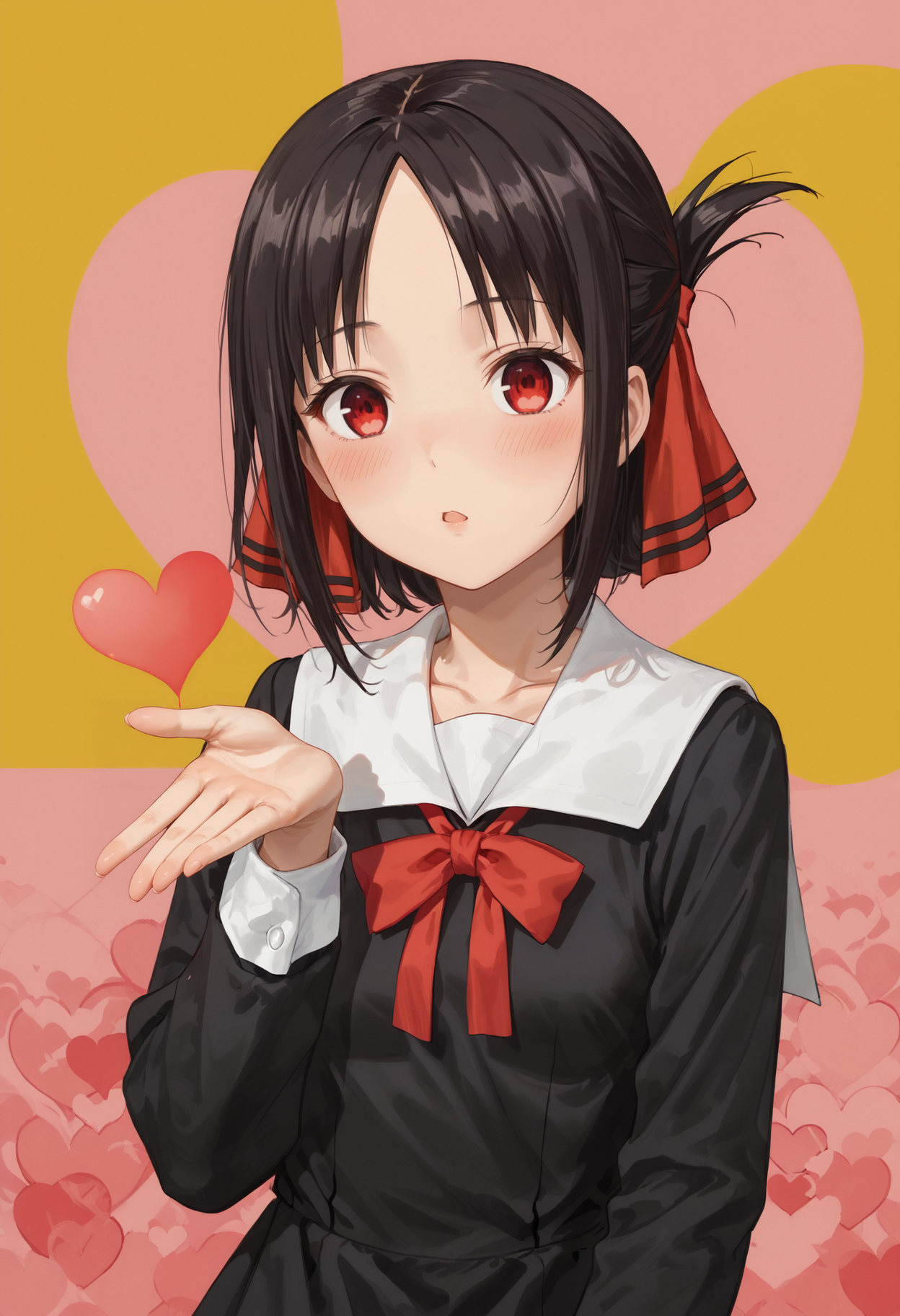 score_9,score_8_up,score_7_up,high quality,highres,masterpiece,abstract background,(((hearts))),heart,multicolored background,colorful,<lora:frieren_blowing_a_kiss_pony>,blowing kiss,heart,<lora:PONYXL_KaguyaShinomiya_ownwaifu:0.8>,MainOutfit_Kaguya_ownwaifu,1girl,black hair,red eyes,shinomiya kaguya,sidelocks,parted bangs,shuuchiin academy school uniform,hair ribbon,red ribbon,folded ponytail,short hair,black dress,collarbone,neck ribbon,long sleeves,small breasts,empty eyes,collared dress,white sailor collar,nose blush,bangs,school uniform,breasts,hair bow,kneehighs,blank stare,collared shirt,pinafore dress,ribbon,eye reflection,shiny hair,forehead,<lora:Expressive_H:0.8>,ExpressiveH,<lora:add-detail-xl:2>,âââ,âââ